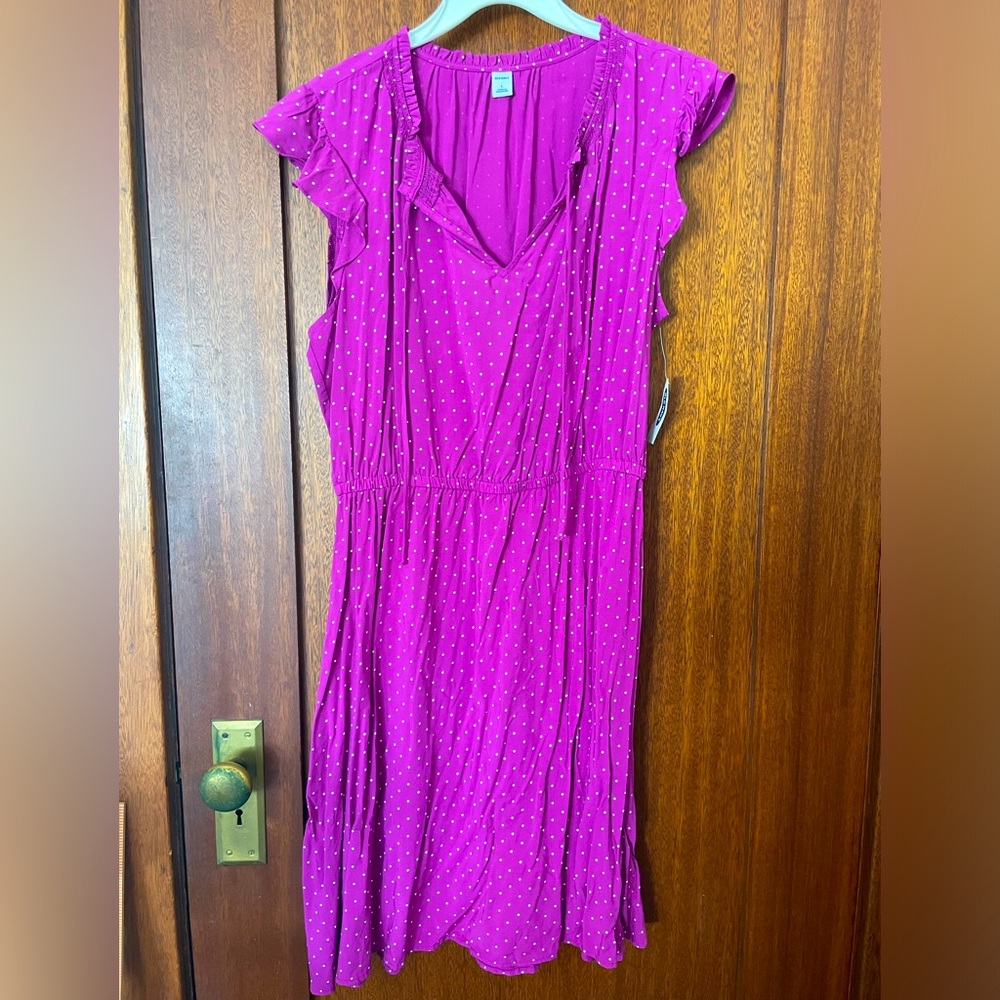 MOVING SALE! NWT! Stylish purple dress with white polka dots and ruffle sleeves